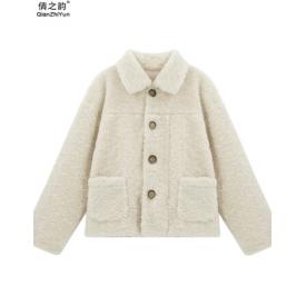 倩之韵 羊羔毛外套女秋冬2021年新款女装韩版短款加厚皮毛一体颗套时尚百搭羊羔绒机车服潮 软糯白 M